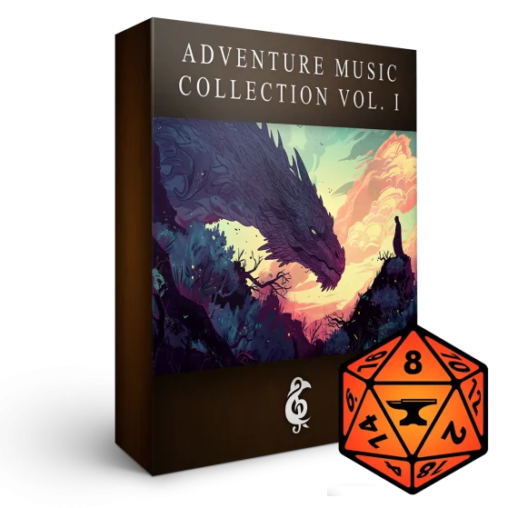 A 3D render of an album box labeled Adventure Music Collection Vol. I. Published by Michael Ghelfi Studios (MGS). Features FoundryVTT's logo.
