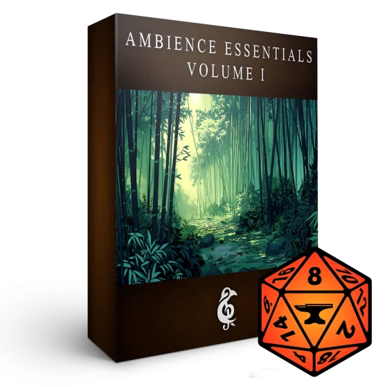A 3D render of an album box labeled Ambience Essentials Volume I. Published by Michael Ghelfi Studios (MGS). Features FoundryVTT's logo.
