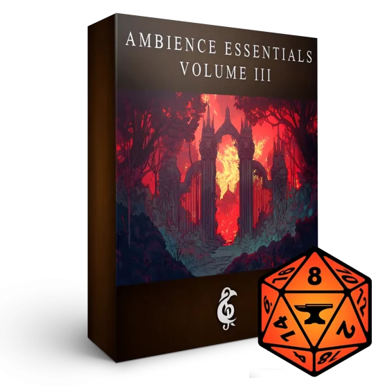 A 3D render of an album box labeled Ambience Essentials Volume III. Published by Michael Ghelfi Studios (MGS). Features FoundryVTT's logo.