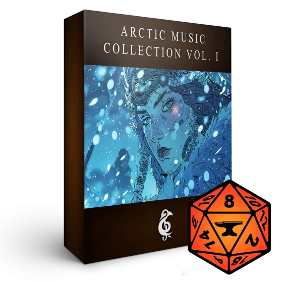 A 3D render of an album box labeled Arctic Music Collection Vol. I. Published by Michael Ghelfi Studios (MGS). Features FoundryVTT's logo.