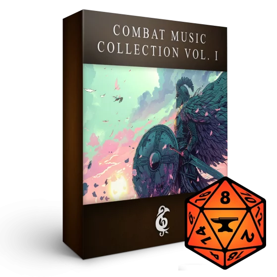 A 3D render of an album box labeled Combat Music Collection Vol. I. Published by Michael Ghelfi Studios (MGS). Features FoundryVTT's logo.
