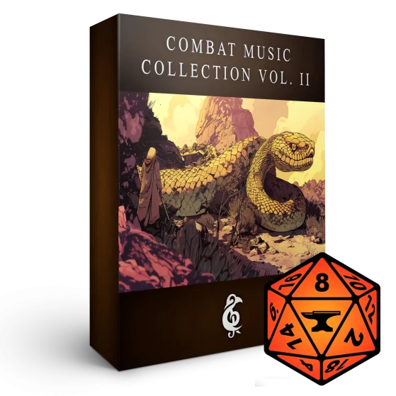 A 3D render of an album box labeled Combat Music Collection Vol. II. Published by Michael Ghelfi Studios (MGS). Features FoundryVTT's logo.