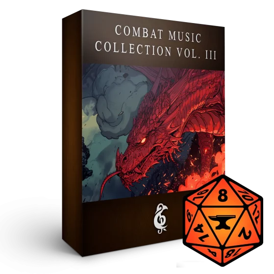 A 3D render of an album box labeled Combat Music Collection Vol. III. Published by Michael Ghelfi Studios (MGS). Features FoundryVTT's logo.