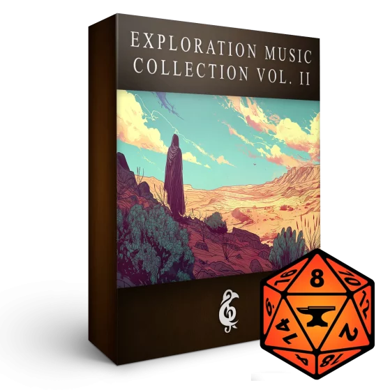 A 3D render of an album box labeled "Exploration Music Collection Vol. II." Published by Michael Ghelfi Studios (MGS). Features FoundryVTT's logo.