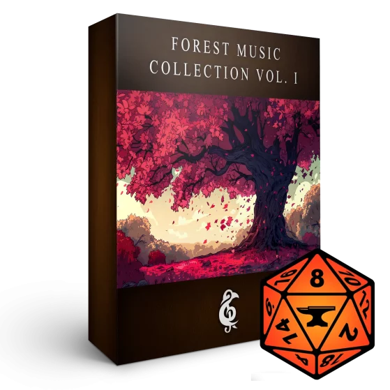 A 3D render of an album box labeled "Forest Music Collection Vol. I." Published by Michael Ghelfi Studios (MGS). Features FoundryVTT's logo.