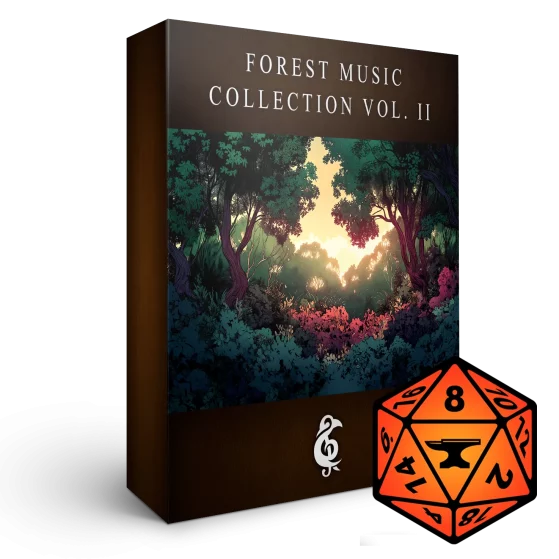A 3D render of an album box labeled "Forest Music Collection Vol. II." Published by Michael Ghelfi Studios (MGS). Features FoundryVTT's logo.