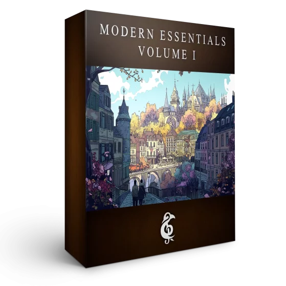 A 3D render of an album box labeled Modern Essentials Volume I. Published by Michael Ghelfi Studios (MGS).