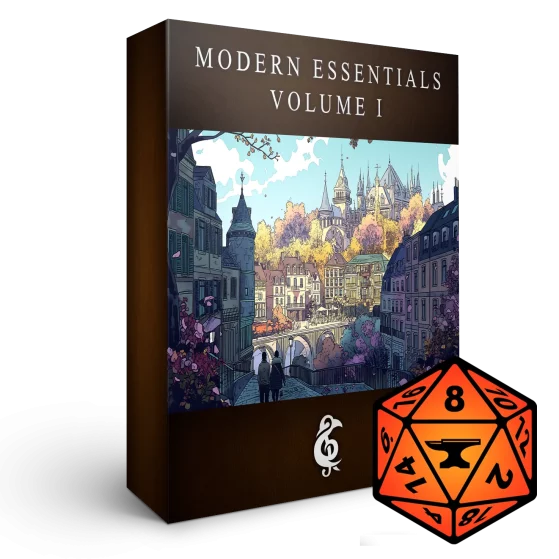 A 3D render of an album box labeled Modern Essentials Volume I. Published by Michael Ghelfi Studios (MGS). Features FoundryVTT's logo.