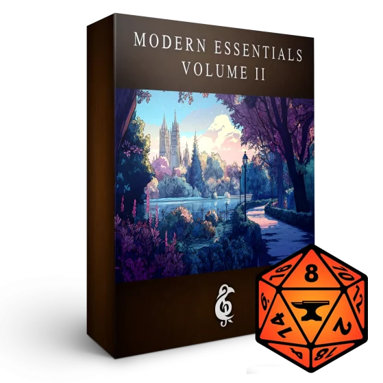 A 3D render of an album box labeled Modern Essentials Volume II. Published by Michael Ghelfi Studios (MGS). Features FoundryVTT's logo.