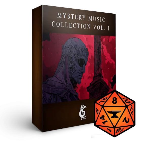 A 3D render of an album box labeled Mystery Music Collection Vol. I. Published by Michael Ghelfi Studios (MGS). Features FoundryVTT's logo.