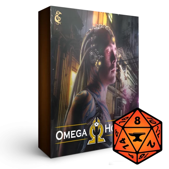 A 3D render of an album box labeled "Omega Horizon." Published by Michael Ghelfi Studios (MGS). It features the logo for FoundryVTT.