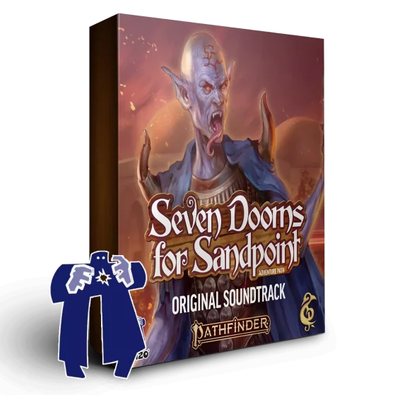 A 3D render of an album box labeled Seven Dooms for Sandpoint. Published by Michael Ghelfi Studios (MGS). Features Paizo's logo.