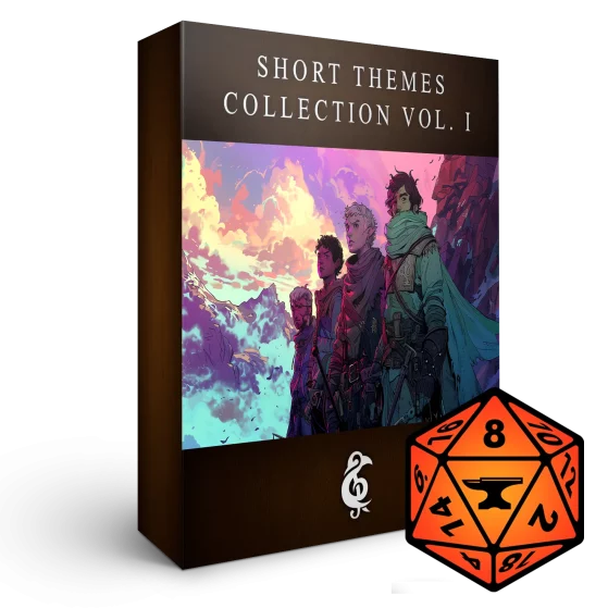 A 3D render of an album box labeled Short Themes Collection Vol. I. Published by Michael Ghelfi Studios (MGS). Features FoundryVTT's logo.