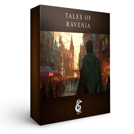 A 3D render of an album box labeled Tales of Ravenia. Published by Michael Ghelfi Studios (MGS).