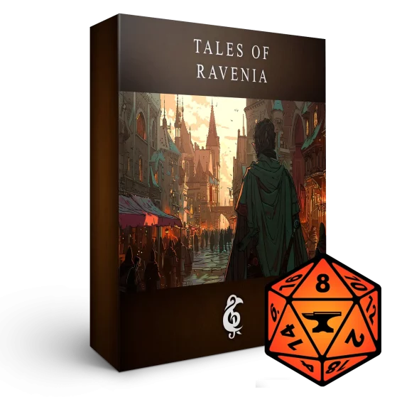 A 3D render of an album box labeled Tales Of Ravenia. Published by Michael Ghelfi Studios (MGS). Features FoundryVTT's logo.