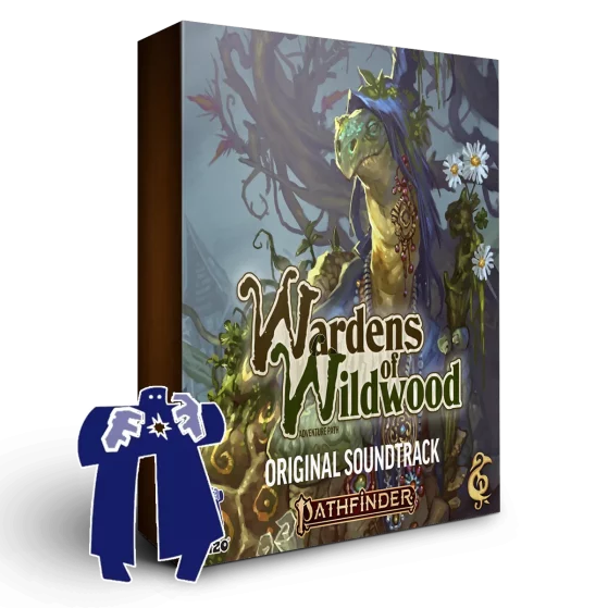 A 3D render of an album box labeled Wardens of Wildwood. Published by Michael Ghelfi Studios (MGS). Features Paizo's logo.