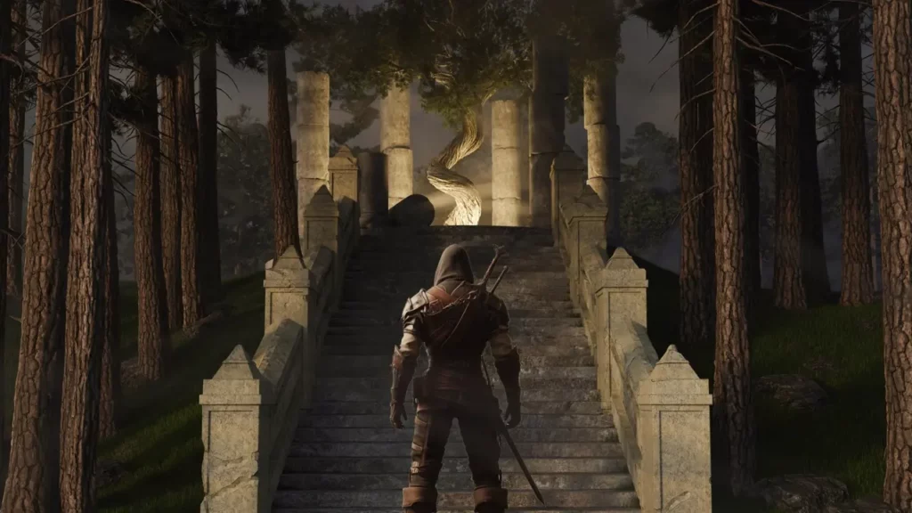 A render that mimics a third-person perspective of a fantasy character on a RPG.