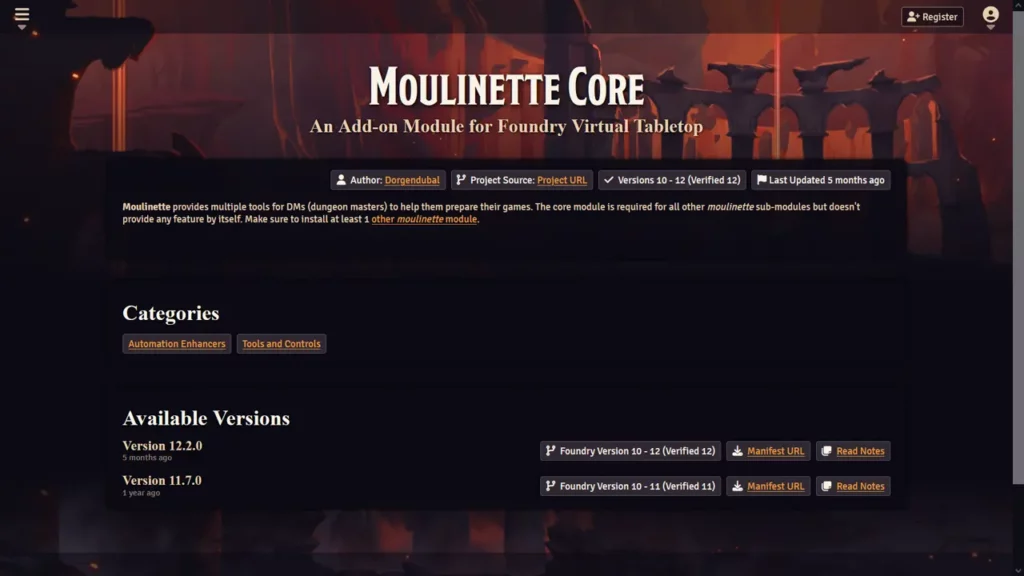 A screenshot of the Moulinette Core page. Illustrates [alt text].