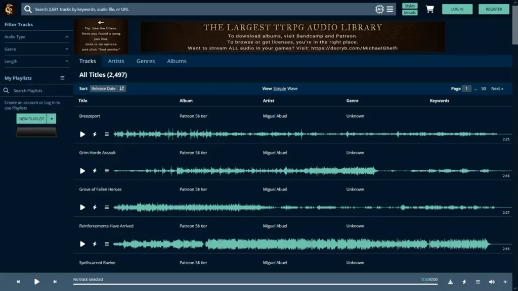 A screenshot of the SourceAudio page of Michael Ghelfi Studios (MGS). Illustrates composed tracks