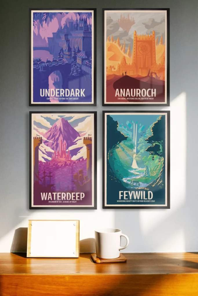 Four beautifully framed canvas hanged on a wall in of cofee mug and a photo frame. It depicts four distinct artworks based on Dungeons & Dragons, including: The Underdark, Feywild, Waterdeep, and Anauroch.