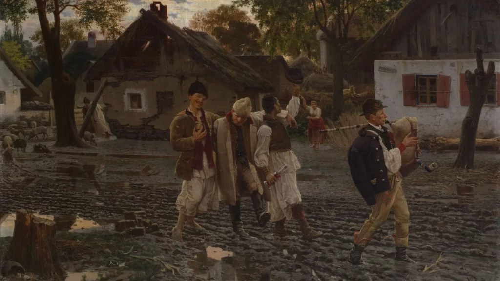 A painting of several young men parading through their village. Demonstrates environmental worldbuilding through visual media.