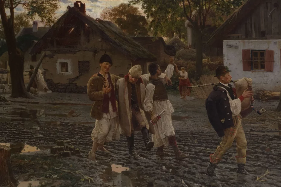 A painting of several young men parading through their village. Demonstrates environmental worldbuilding through visual media.