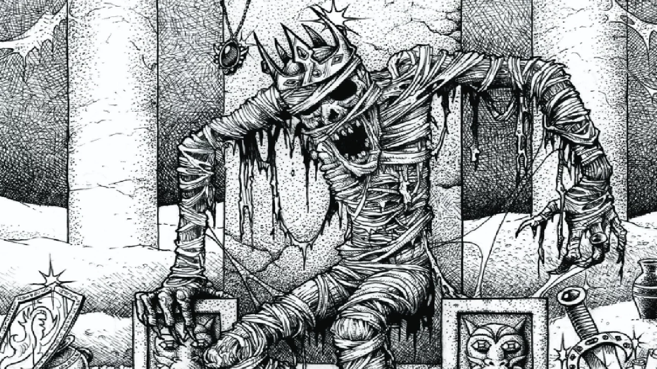 ShadowdarkMummy Shadowdark mummy getting up off its throne to defend treasure