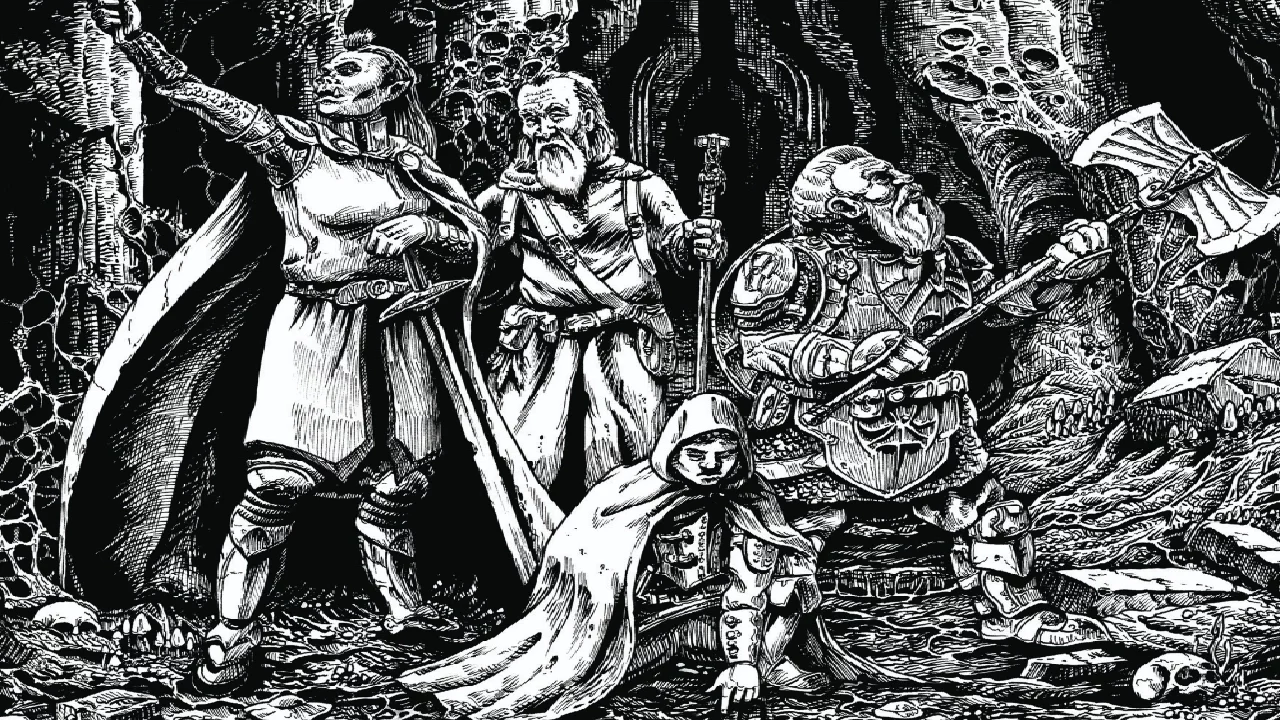 ShadowdarkParty2 Black and white artwork of four fantasy adventurers exploring a dungeon