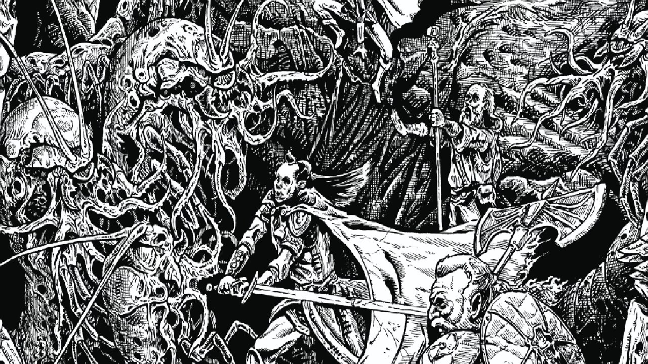 ShadowdarkPartyAttacked A black and white artowrk of fantasy adventurers being attacked by monster insects