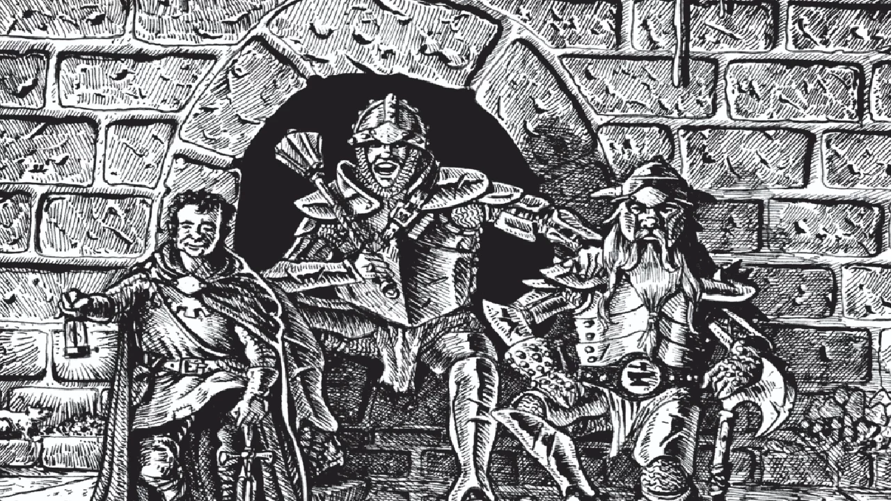 ShadowdarkPartyHappy Black and white artwork of three fantasy adventurers smiling in a dungeon