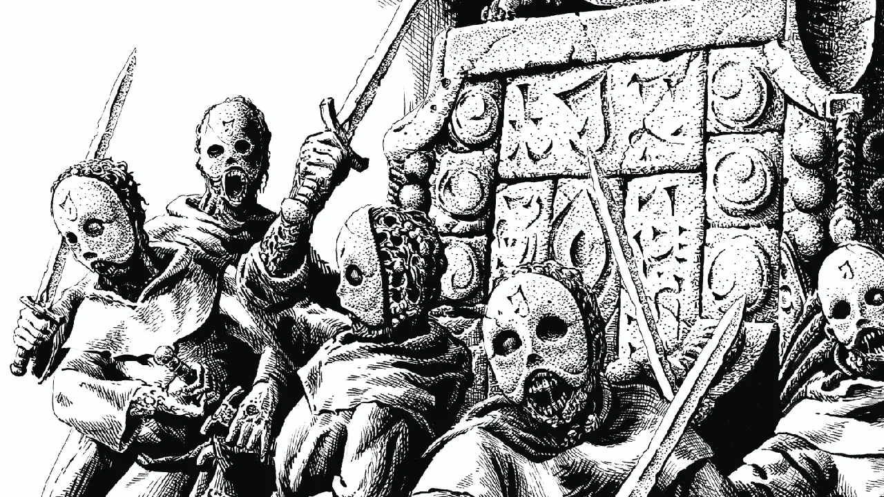 ShadowdarkUndeadCultists Arcane Library art of undead cultists attacking in a dungeon