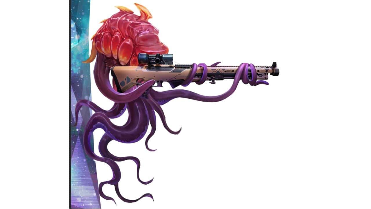 barathu A Starfinder alien Barathu holding a gun ready to fire.