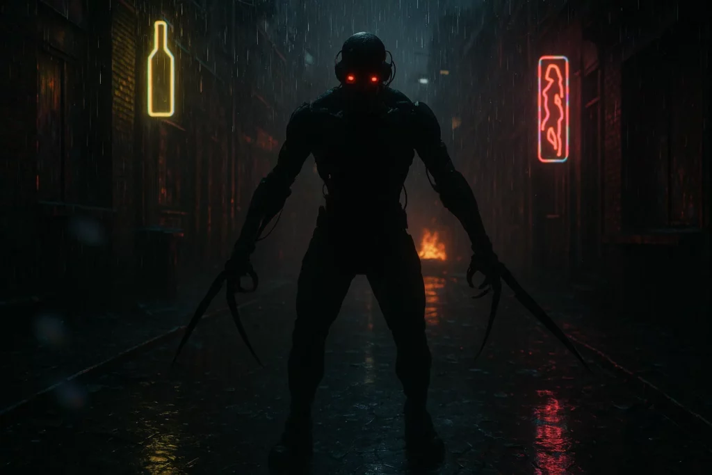 An ominous cyborg imposes along a dark, rainy alley.