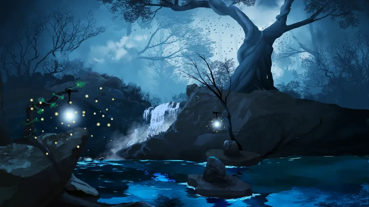 in-a-forest-at-midnight This is a painting of a forest made on software called Krita. Themes of one-shot adventures in D&D/TTRPG.