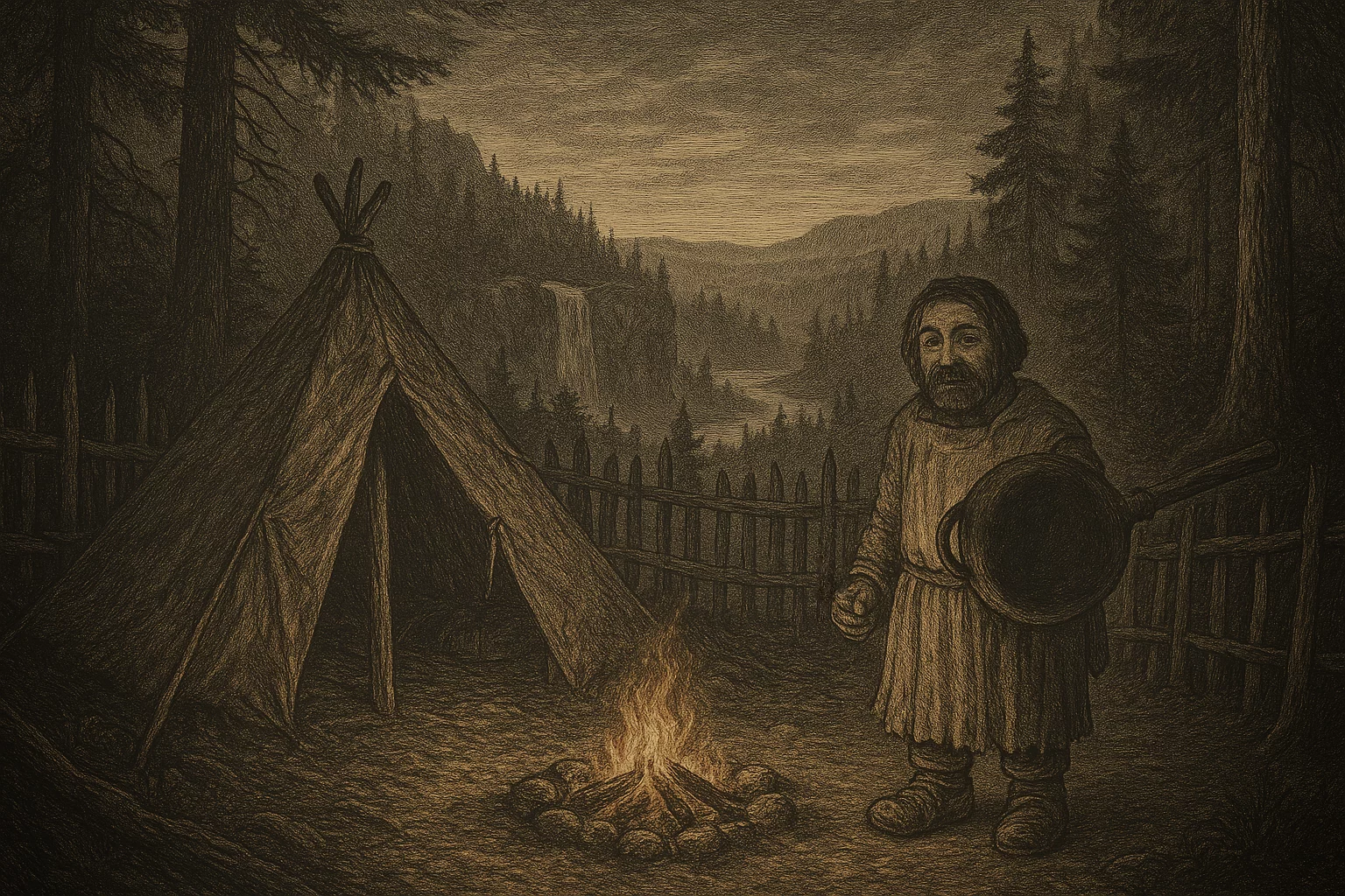 sentinel-by-wilderness-camp A watchful cook arms himself as you approach him. Intended to display the power of Environmental Worldbuilding.