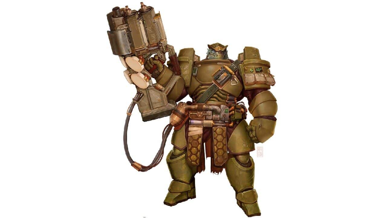 soldier Starfinder soldier Vesk holding a big gun wearing heavy armor.