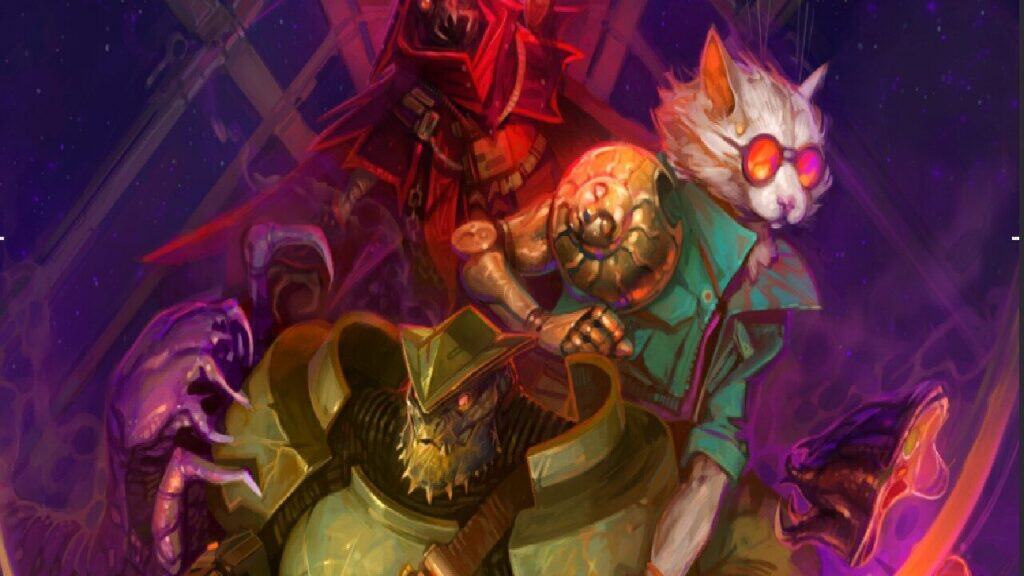 The front cover art for Starfinder 2nd edition fearing a cat, reptile and machine heroes.