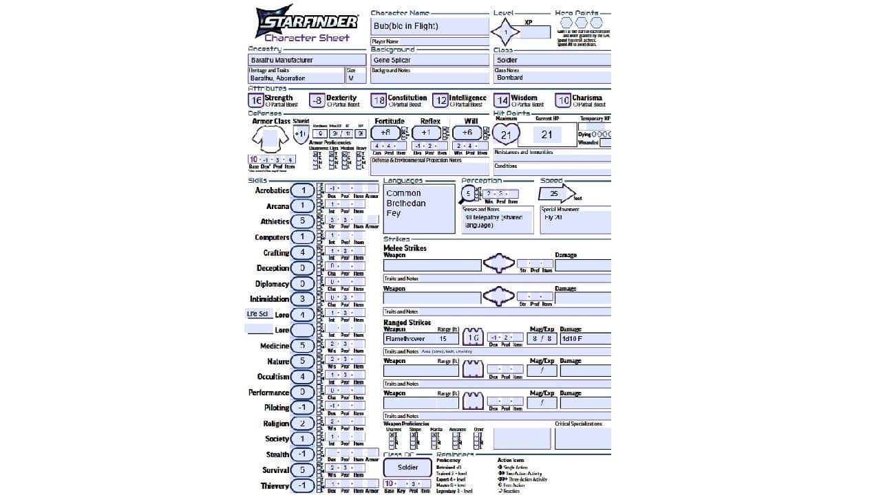 starfinderbub Character sheet for Paizo Starfinder 2nd edition