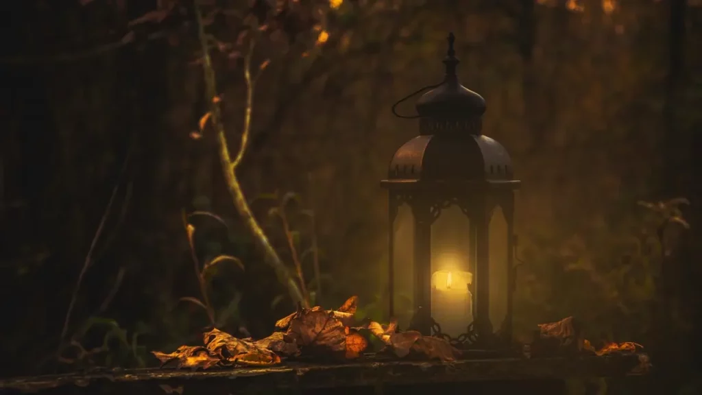 Photo of a yellow pillar candle in black lantern giving the forest light.