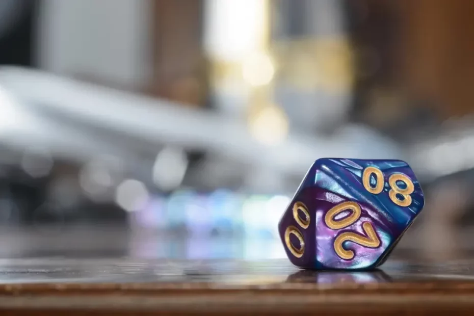 A small purple and blue dice.