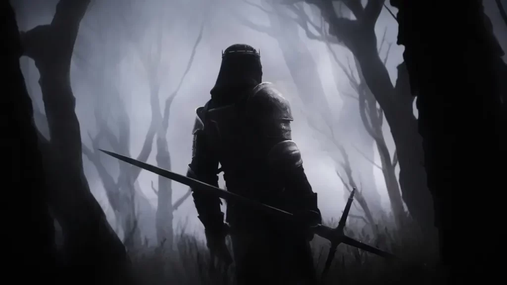 A man in a hooded suit holding a sword in a dark forest.
