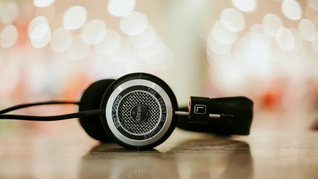Selective focus photo of professional black headphones. Themes of glossary.