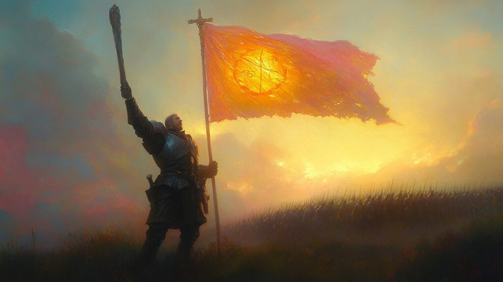 A man holding a flag on top of a hill.