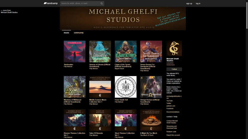 A screenshot of the Bandcamp homepage from Michael Ghelfi Studios.