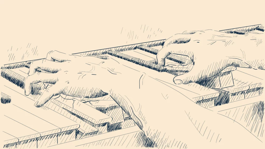 Hands playing a keyboard instrument with sketch effect. Themes of using our audio.