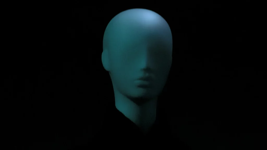 Blue model, mannequin’s head, face with no eyes. Themes of NPC creation.